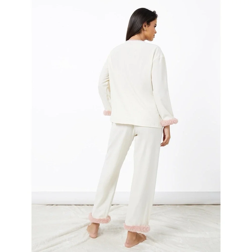 Faux Fur Trim Piped Edge Pyjama Pants Size L